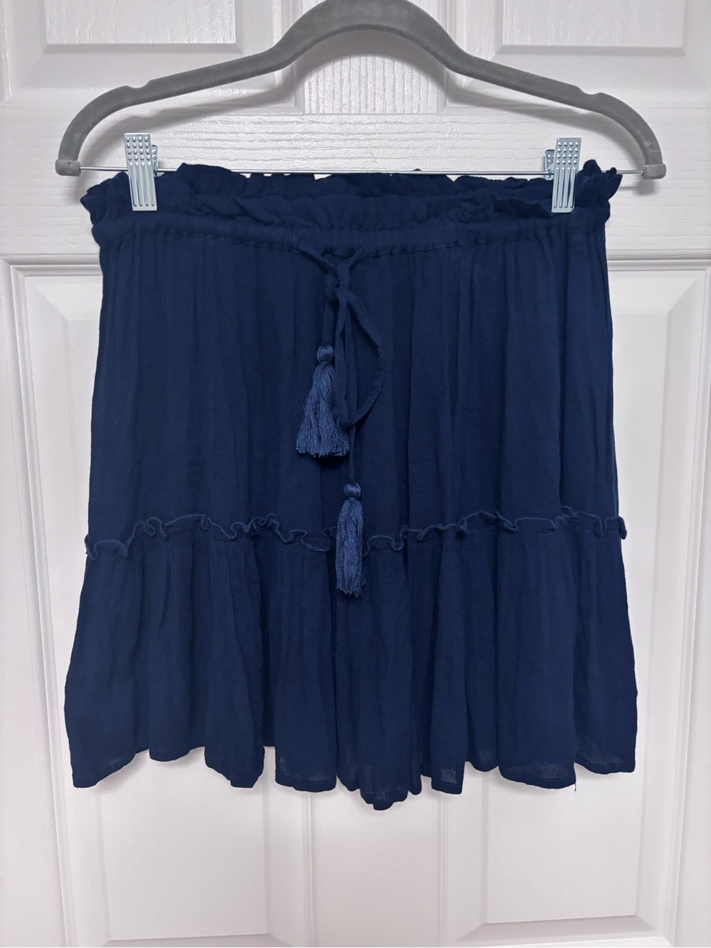 Elan Navy Tassel Tiered Mini Skirt